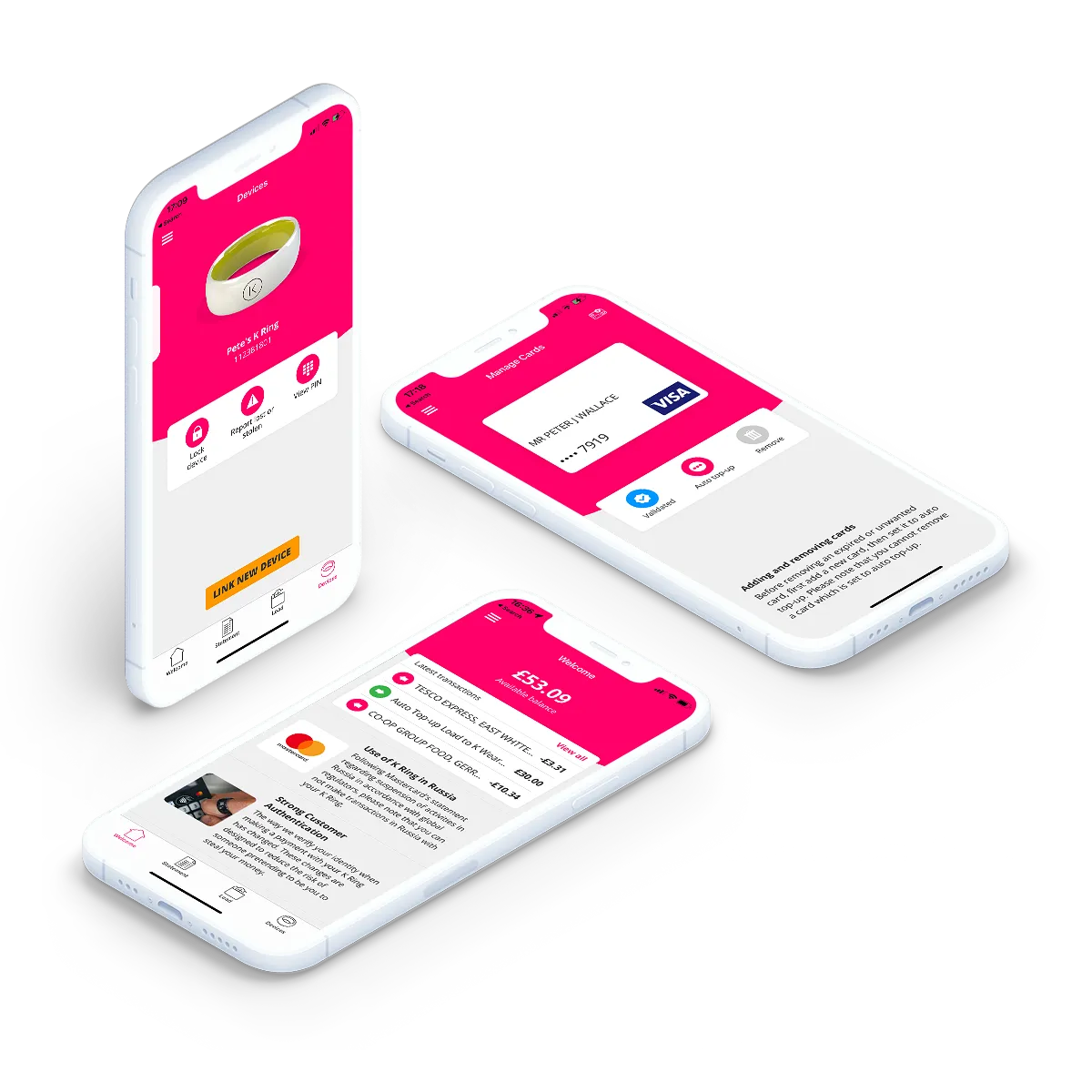 3 phones showing the myKRing app in use