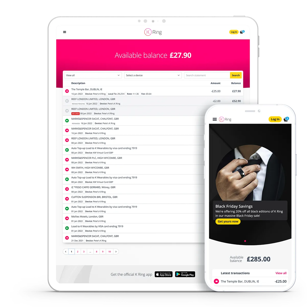 3 phones showing the myKRing app in use