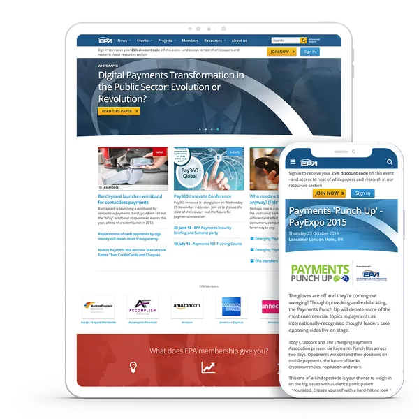 Laptop and iPhone image showing Emerging Payments Association website