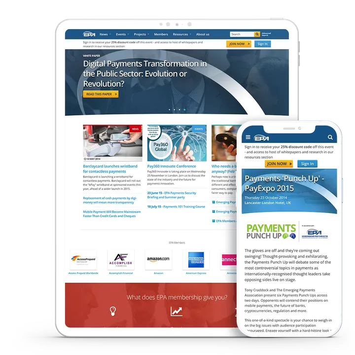 Laptop and iPhone image showing Emerging Payments Association website